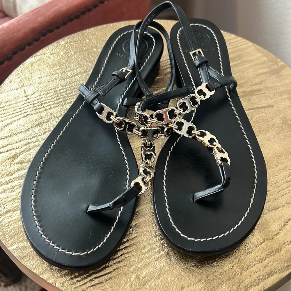 Tory Burch Gemini Link T-Strap
Leather Sandals Black/Gold SZ 8M - Picture 2 of 8